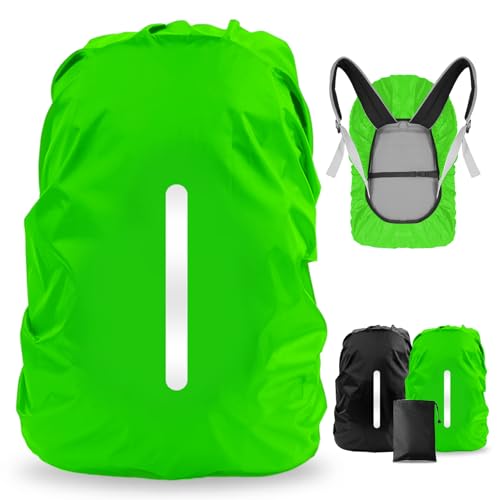 LAMA 2 Stück Wasserfeste Regenschutz Regenhülle Regenüberzug Regenabdeckung mit Reflexstreifen Verstellschnalle für Rucksack Schulranzen Schultasche Wandern Klettern Radfahren XL 56L-70L Schwarz Grün von LAMA