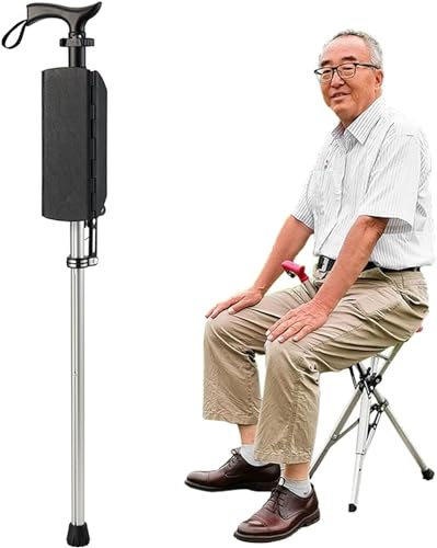 Klappbarer Gehstock-Sitz-Kombi, tragbarer Gehstock-Hocker für zu Hause mit Verstellbarer Höhe für Senioren (Black) von LANAZU