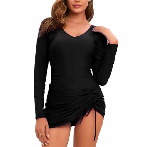 LANGWEI Schwarz,XL,Damen Badeanzug Einteiler Bademode Rashguard Surfanzug Bauchkontrolle Sexy Bademode von LANGWEI