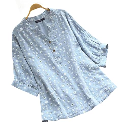 LANMFU T Shirt Sommer Floral Print Shirt Frauen Retro Kurzarm Tops Casual V Neck Floral Shirt Frauen Loose-Blau-5Xl von LANMFU