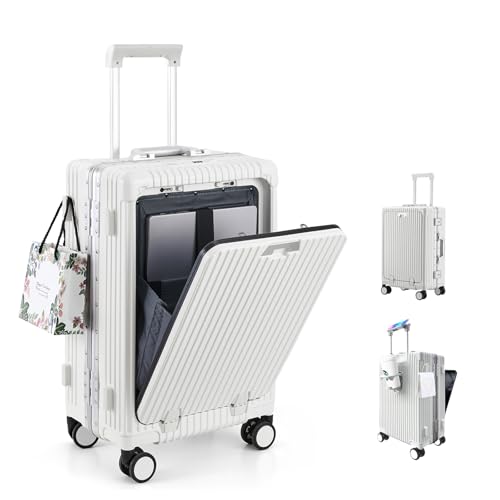 LANMOU Handgepäck Koffer, 20 Zoll Hartschalen-Koffer, Alu-Rahmen, PC Reisekoffer mit 4 Rollen, TSA, USB-Anschluss & Cup Holder, Trolley Handgepäck mit 3-Stelliges Codeschloss, 56cm, Weiß LANMOU Handgepäck Koffer, 20 Zoll Hartschalen-Koffer, Alu-Rahmen, PC Reisekoffer mit 4 Rollen, TSA, USB-Anschluss & Cup Holder, Trolley Handgepäck mit 3-Stelliges Codeschloss, 56cm, Weiß von LANMOU