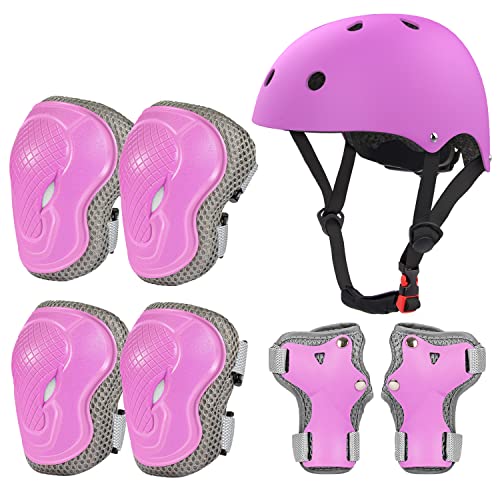 LANOVAGEAR Fahrradhelm Kinder Schonerset mit Skaterhelm Protektoren Schützer Inliner Schutzausrüstung Kinder Knieschoner Set mit Helm 2-10 Jahre für Fahrrad Skateboard Rollschuh (S, Violett) von LANOVAGEAR