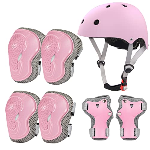 LANOVAGEAR Fahrradhelm Kinder Schonerset mit Skaterhelm Protektoren Schützer Inliner Schutzausrüstung Kinder Knieschoner Set mit Helm 2-10 Jahre für Fahrrad Skateboard Rollschuh (XS, Rosa) von LANOVAGEAR