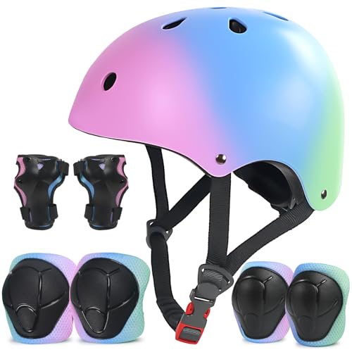 LANOVAGEAR Kinderhelm mit Knieschützern Ellbogenschützern Handgelenkschützern Schonerset Kinder Helm 7 in 1 für Skateboard Radfahren Scooter Roller Skate Bike (Rosa Blau Grün, S) von LANOVAGEAR