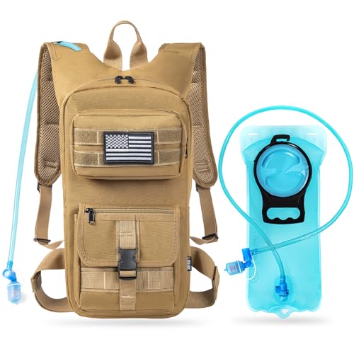 LASUK Trinkrucksack, taktischer Molle-Wasser mit 2L TPU-Wasserblase, für Männer und Frauen, leichter Wasserrucksack, Trinkrucksack für Wandern, Radfahren, Klettern und Jagd, Khaki von LASUK