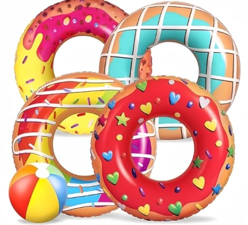 LATERN 5 Stück Donut Aufblasbare Schwimmhilfen für Pool, 4 Stück 75cm Donut Schwimmringe mit 35cm Goßen Wasserbällen - Aufblasbare Pool Spielzeug für Kinder Erwachsene Strand Schwimmen Pool Party von LATERN