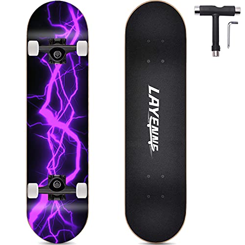 LAYENNE Skateboard, 31 * 8 Zoll Komplettes Skateboard, 7 Schichten Ahorn Skateboard Deck, ABEC-11 Halterung, Geeignet für Erwachsene, Anfänger, Jungen, Mädchen, Jugendliche und Kinder-Purple von LAYENNE