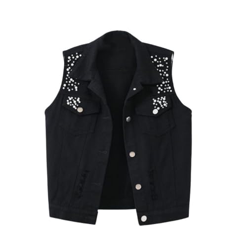 LApooh Ärmellose Jeansweste Für Damen, Vintage-Jeansjacke Mit Gewaschenen Perlen, Strickjacken, Übergröße, Hip-Hop-Outfits, Streetwear, Leichte Warme Oberbekleidung, Schwarz, M LApooh Ärmellose Jeansweste Für Damen, Vintage-Jeansjacke Mit Gewaschenen Perlen, Strickjacken, Übergröße, Hip-Hop-Outfits, Streetwear, Leichte Warme Oberbekleidung, Schwarz, M von LApooh