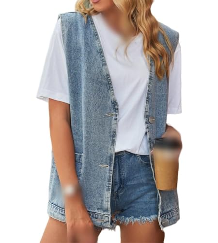 LApooh Rmellose Jeansweste Für Damen-Vintage Gewaschene Denim-Weste Mit V-Ausschnitt, Kurze Damen-Jeansweste, Übergröße, Jeansjacke, Verkürzte Freizeit, Sommer, Frühling, Jeansjacke, Knopfleiste, Obe LApooh Rmellose Jeansweste Für Damen-Vintage Gewaschene Denim-Weste Mit V-Ausschnitt, Kurze Damen-Jeansweste, Übergröße, Jeansjacke, Verkürzte Freizeit, Sommer, Frühling, Jeansjacke, Knopfleiste, Obe von LApooh