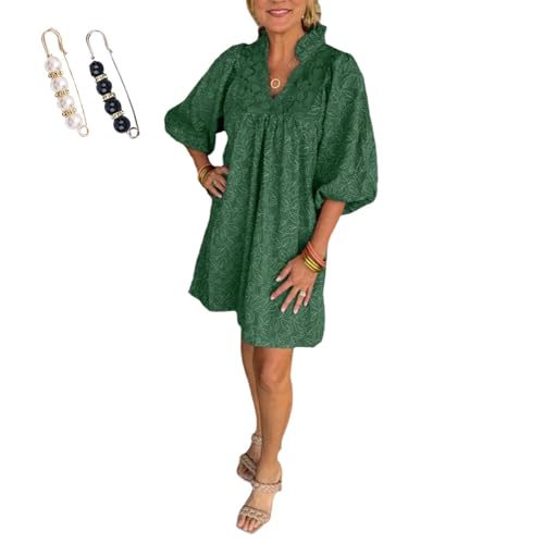 Women's Puff Sleeve Leaf Jacquard Mini Dress,Puffy Sleeves Dress for Women,Women V Neck Puff Long Sleeve Dress (Green,M) von LCDFTC