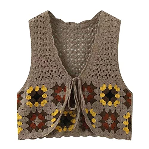 Ärmellose Weste Damen,Strickweste Damen,Damen Blume Gehäkelte Weste Retro Khaki Hohle Quadratische Blumen Ärmellos Offene Krawatte Vorne Kurz Weste Schal Strickjacke Strick Boho Hippie Gilet Blus von LCDIUDIU