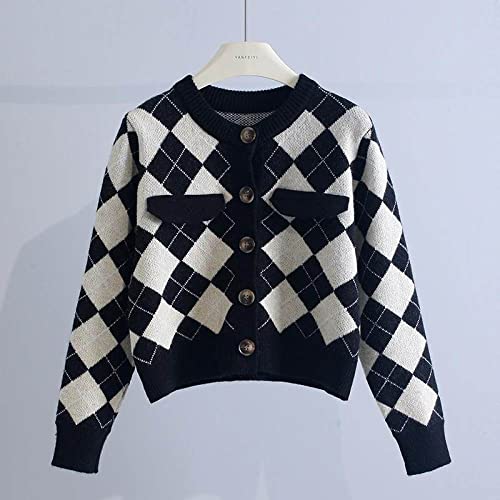 Cardigan Damen,Damen Kurzstrickjacken Preppy Style Schwarz Argyle Plaid Knopf Langarm Open Front Pullover Strickjacke Herbst Vintage Soft Knit Oberbekleidung Jacke Mantel, Einheitsgröße, S, M Cardigan Damen,Damen Kurzstrickjacken Preppy Style Schwarz Argyle Plaid Knopf Langarm Open Front Pullover Strickjacke Herbst Vintage Soft Knit Oberbekleidung Jacke Mantel, Einheitsgröße, S, M von LCDIUDIU