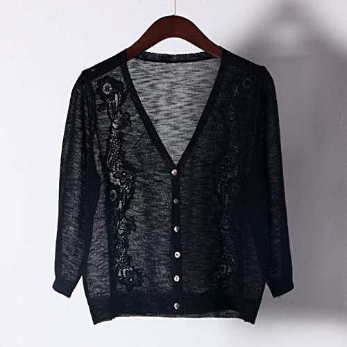 Cardigan Damen Elegant,Damen Leinen Bolero Cardigan Shrug Jacke Elegant Schwarz Floral Langarm Vorne Offen Sommer Dünn Durchsichtig Crop Cardigan V-Ausschnitt Fashion Festival Party Jacke Einheitsg von LCDIUDIU