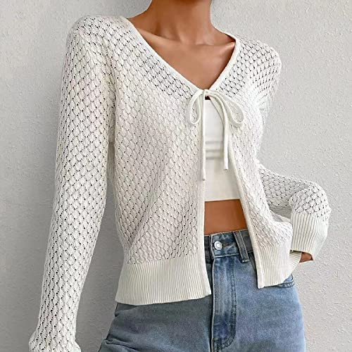 Cardigan Damen Elegant,Kurzer Cardigan Für Damen Einfarbig Weiß Hohl Gehäkelt Lange Ärmel Vorne Offen Gestrickte Strickjacke Sexy V-Ausschnitt Badeanzug Vertuschungen Sommermode Strickjacke S von LCDIUDIU