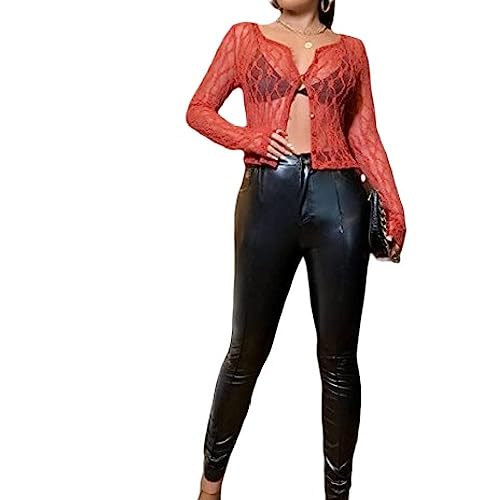 Damen Cardigan, Sexy Sheer Shrug Für Damen Eleganter Blumen-Spitzen-Bolero Sommer-Cardigan Offener Knopf Leichte Damenjacke Lange Ärmel Mesh-Shrug Y2K-Streetwear-Vertuschung Für Mädchen Rot S Damen Cardigan, Sexy Sheer Shrug Für Damen Eleganter Blumen-Spitzen-Bolero Sommer-Cardigan Offener Knopf Leichte Damenjacke Lange Ärmel Mesh-Shrug Y2K-Streetwear-Vertuschung Für Mädchen Rot S von LCDIUDIU