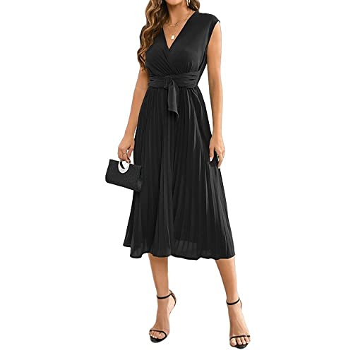 Damen Kleid,Damen-Sommer-Chiffonkleid, Solide, Schmale Midikleider, Ärmelloses V-Ausschnitt, Schnürung, Faltenkleid, Elegante A-Linie, Fließendes Swing-Wickelkleid, Cocktailparty-Kleider Mit Gür von LCDIUDIU