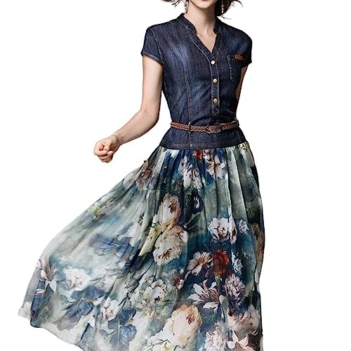 Damen Kleider Sommer,Damen-Jeanskleid Vintage-Stil Blumendruck Spleißen Midi-Kleider Kurze Ärmel V-Ausschnitt Freizeitkleid Elegantes Schmales Fließendes A-Linien-Kleid Modisches Jeanskleid Für von LCDIUDIU