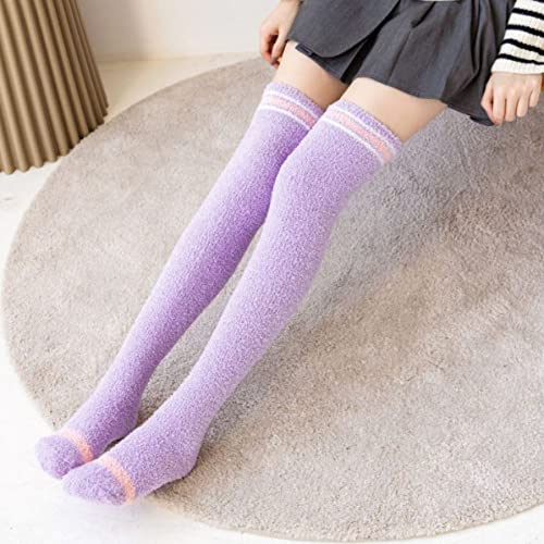 Damen Socken 39-42,Kuschelsocken 3 Paar Lila Kniestrümpfe Damen Kuschelige Korallen Fleece Strümpfe Warme Winter Flauschige Socken Weiche Bettsocken Thermische Oberschenkel Hohe Socken Weihnachtsg von LCDIUDIU