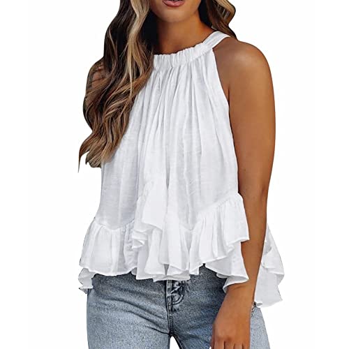 Damen Sommer Casual Tank Top, Damen Cami Mit Hängendem Hals, Sommer-Leibchen, Weiß, Einfarbig, Abgestuft, Rüschen, Locker, Sexy, Tanktops, Lässig, Blusen, Weste Für Party, Strand, Tägliche Fr von LCDIUDIU