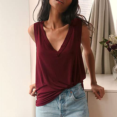 Damen Sommer Casual Tank Top, Damen Strappy Cami Ärmellos Sommer Tanktops V-Ausschnitt Camisole Dunkelrot Solide Lose Persönlichkeit Sexy Lässig Weste Tunika Blusen Für Die Tägliche Freizeit S Damen Sommer Casual Tank Top, Damen Strappy Cami Ärmellos Sommer Tanktops V-Ausschnitt Camisole Dunkelrot Solide Lose Persönlichkeit Sexy Lässig Weste Tunika Blusen Für Die Tägliche Freizeit S von LCDIUDIU