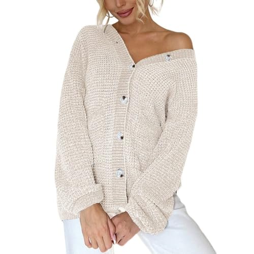 Damen-Strickjacken Mit V-Ausschnitt Langärmelige Chenille-Strickjacken Pullovermantel Offene Knöpfe Vorne Damen-Strickjacken Herbst-Winter Weich Warm Strickjacke Pullover Oberteile Beige Einheitsg von LCDIUDIU