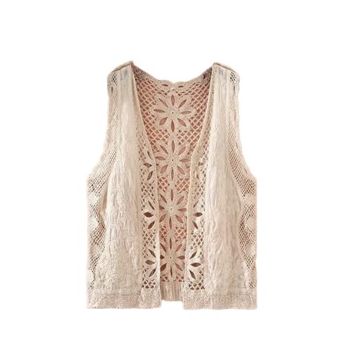 Damen Weste,Strickweste,Damen Floral Häkelweste Retro Beige Hohle Raute Kapok Blume Spitze Ärmellos Vorne Offen Kurze Weste Schal Strickjacke Strick Boho Hippie Gilet Bluse Sommer Bikini Cover Up, von LCDIUDIU