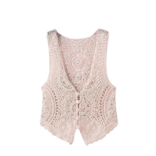 Damen-Westen,Strickweste,Damen Blumenhäkelweste Weiß V-Ausschnitt Hohl Mandala Blume Ärmellos Vorne Offen Knopf Kurze Weste Schal Strickjacke Strick Boho Hippie Gilet Bluse Sommer Bikini Cover Up von LCDIUDIU