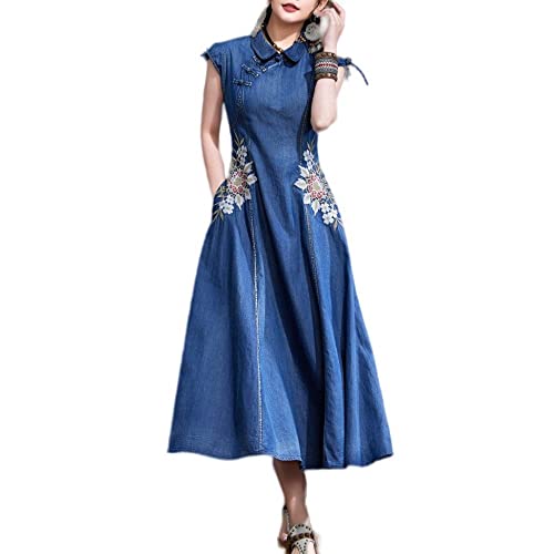 Elegante Kleider,Damen-Jeanskleid Blaues Ethnisches Blumenstickerei-Kurzarm-Revers-Maxikleid Elegantes A-Linien-Big-Swing-Kleid Retro-Handgemachtes Chinesisches Schnallen-Jeanskleid Lange Kleider L von LCDIUDIU