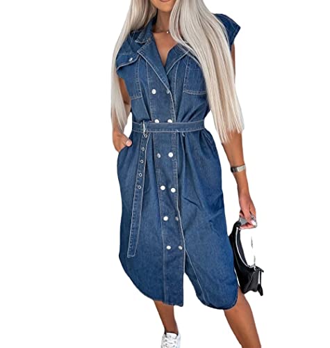 Elegante Kleider,Damen-Jeanskleid Lässig Locker Kurzärmelig Hemdkleid Modisch Button-Down-Strickjacke Midikleid Sommer Vintage-Waschung Jeanskleid Mit Gürtel Für Damen Und Mädchen Dunkelblau M von LCDIUDIU