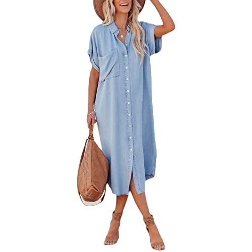 Elegante Kleider,Damen-Jeanskleid Modisch Hellblau Kurzes Kleid Mit Fledermausärmeln V-Ausschnitt Lässiges Lockeres Hemdkleid Sommer Elegantes Jean-Maxikleid Mit Seitenschlitz Übergröße Kaftan- von LCDIUDIU