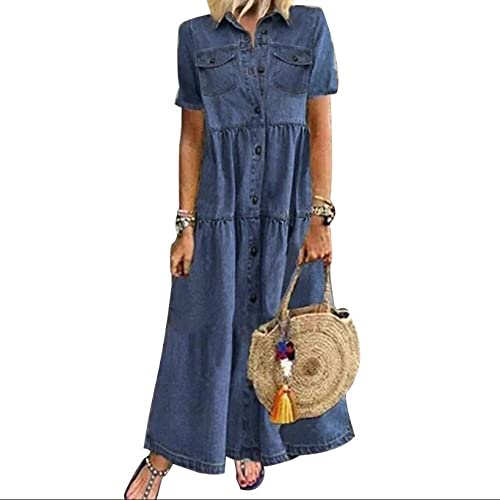 Elegante Kleider,Damen-Jeanskleid Vintage-Stil Kurzärmlig Im Used-Look Lässig Revers Knopfleiste Maxi-Hemdkleid Sommer A-Linie Gerüscht Gestuftes Jeanskleid Übergröße Kaftan-Kleider Dunkelblau S von LCDIUDIU