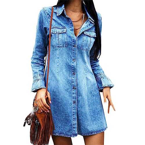 Freizeitkleider Für Damen,Damen-Jeanskleid Modisch Blaues Minikleid Langärmelig Revers Freizeitkleid Sommer Schmales Hemdkleid Mit Knopfleiste Pattentasche Vintage-Waschung Verblasstes Jeanskleid Freizeitkleider Für Damen,Damen-Jeanskleid Modisch Blaues Minikleid Langärmelig Revers Freizeitkleid Sommer Schmales Hemdkleid Mit Knopfleiste Pattentasche Vintage-Waschung Verblasstes Jeanskleid von LCDIUDIU