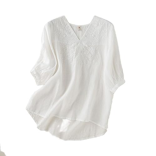Hemd Damen,Damen-Blusen, Ethnisch, Bestickt, Blumenmuster, V-Ausschnitt, Lässig, Lockeres Hemd, Elegant, 1/2 Laternenärmel, Hemd Aus Baumwolle, Leinen, Hoher, Niedriger Saum, Fließende Hemdbluse, Hemd Damen,Damen-Blusen, Ethnisch, Bestickt, Blumenmuster, V-Ausschnitt, Lässig, Lockeres Hemd, Elegant, 1/2 Laternenärmel, Hemd Aus Baumwolle, Leinen, Hoher, Niedriger Saum, Fließende Hemdbluse, von LCDIUDIU