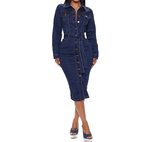 Kleid Langarm, Damen-Jeanskleid Dunkelblau Sexy Schmales Langärmliges Bleistiftkleid Elegantes Hemdkleid Mit Hohem Taillengürtel Button-Down-Hemdkleid Midi-Kleider Vintage-Jeanskleid Im Used-Look von LCDIUDIU