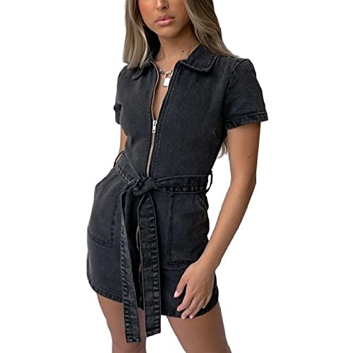 Kleider Damen Sommer,Damen-Jeanskleid Sexy Kurzarm Revers-Reißverschluss Figurbetontes Kleid Modisches Schmales Hemdkleid Mit Gürtel Vintage-Waschung Verblasstes Sommer-Jeanskleid Streetwear Mit T von LCDIUDIU