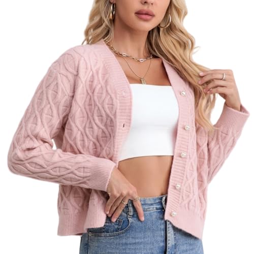 Kurze Strickjacke Für Damen Langärmlig Zopfmuster Grob Gestrickt Strickjacke Mit Knöpfen Damen-Pullover Mit V-Ausschnitt Mantel Herbst Winter Vintage Strickjacke Warme Pullover Oberteile Rosa M Kurze Strickjacke Für Damen Langärmlig Zopfmuster Grob Gestrickt Strickjacke Mit Knöpfen Damen-Pullover Mit V-Ausschnitt Mantel Herbst Winter Vintage Strickjacke Warme Pullover Oberteile Rosa M von LCDIUDIU