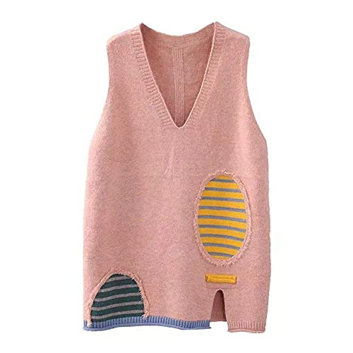 LCDIUDIU Ärmellose Weste Damen,Damen V-Ausschnitt Pullover Weste Retro-Rosa Oval Patch Streifennähte Seitenschlitz Mode Ärmellos Strickwesten Weste Preppy Style Jumper Uniform Tank Top,Rosa,XL von LCDIUDIU