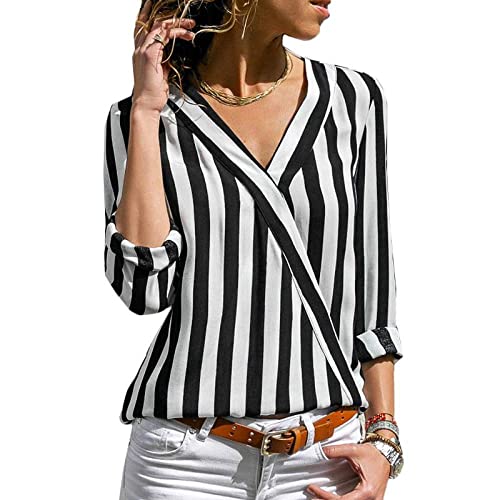 LCDIUDIU Bluse,Damen Schwarz V-Ausschnitt Chiffon Streifen Print Sommer Blusen Langarm Elegant Tunika Casual Stilvolle Tops Loses Shirt,M von LCDIUDIU