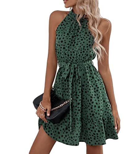 LCDIUDIU Damen Kleid,Damen Minikleider Sexy Polka Dot Fashion Tank Dress Ärmellos Neckholder Swing Strandkleider Sommer Elegant A-Linie Rüschen Gestuftes Sommerkleid Mit Gürtel Strandkleid,Grün,L von LCDIUDIU