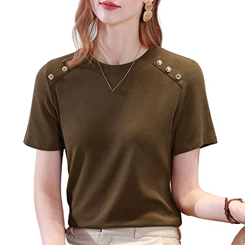 LCDIUDIU Damen Shirt,Damen Sommerhemd T-Shirts Oberteile Braun Solide Modal Baumwolle Rundhals Knopf Design Mode T-Shirt Elegante Bequeme Blusen Sexy Charme Kurze Ärmel Lässige Dünne T-Shirts,Braun,M von LCDIUDIU