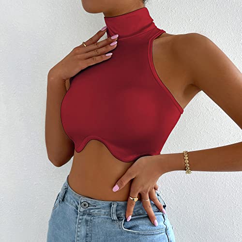 LCDIUDIU Damen Sommer Tank Top, Damen Strappy Cami Ärmellose Sommer Tanktops Rollkragen Camisole Dunkelroter Satin Unregelmäßiger Saum Crop Tops Sexy Weste Tunika Blusen Für Club Party Beach,S von LCDIUDIU