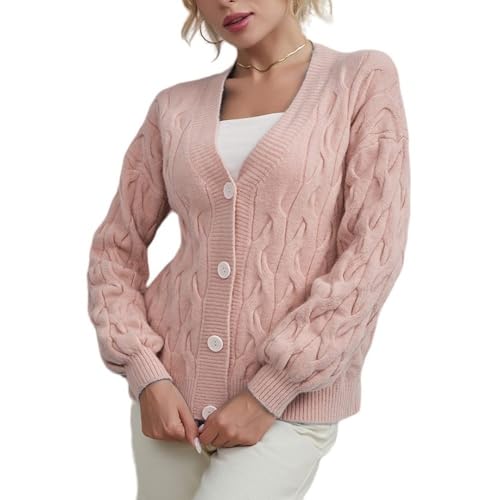 LCDIUDIU Kurze Strickjacke Für Damen Langarm Zopfmuster Grob Gestrickt Strickjacke Mit Knöpfen Damen-Pullover Mit V-Ausschnitt Mantel Herbst Winter Vintage Strickjacke Warme Pullover Oberteile Rosa S von LCDIUDIU