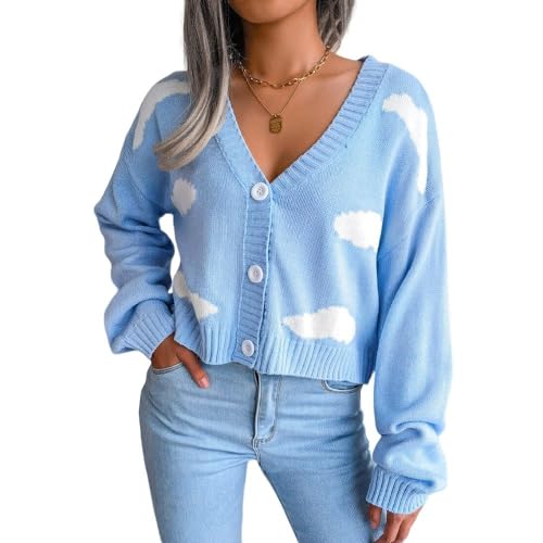 LCDIUDIU Kurzer Damen-Cardigan Fashion Clouds Grafische Strick-Cardigans Mit Knöpfen Damen-Pullover Mit V-Ausschnitt Mantel Herbst Und Winter Strickjacke Kurze Warme Strickpullover Tops Hellblau M von LCDIUDIU