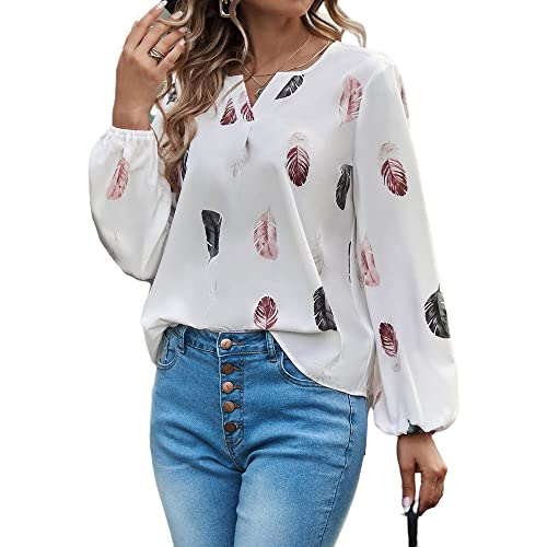 LCDIUDIU Langarmshirts Für Damen,Damen Bluse Langarmshirts Vintage Weiß V-Ausschnitt Federdruck Tops Lässige Elegante Chiffon Pullover Bluse Stilvolles Loses T-Shirt,L von LCDIUDIU