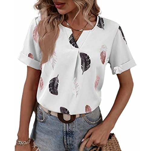 LCDIUDIU Longbluse Damen,Damen Sommer Blusen Lässig Weiß V-Ausschnitt Falten Federdruck Pullover Oberteile Aufgerollte Kurzarm Elegante T-Shirts Für Business Büro Urlaub Strand,Weiß,M von LCDIUDIU