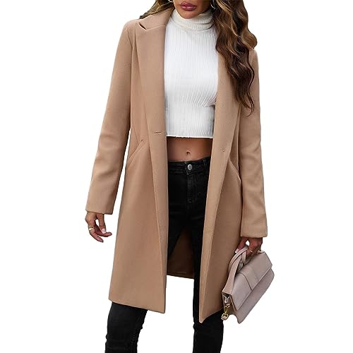 LCDIUDIU Mittellanger Wollblazer Für Damen,Khaki,Gekerbtes Revers,Anzüge,Blazer,EIN Knopf,Lange Ärmel,Warme Winterjacken,Lässiger,Taillierter Blazer,Trenchcoat Mit Tasche,S von LCDIUDIU