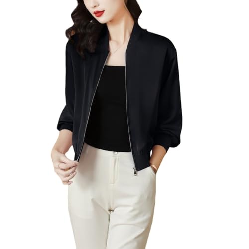 LCDIUDIU Schwarze Satin Bomber Kurzjacke für Damen, leichte, langärmlige, Schlichte Baseballjacke mit Reißverschluss, lässige Übergangsjacke, Mantel, Piloten Fliegerjacke, Oberteil, Schwarz, L LCDIUDIU Schwarze Satin Bomber Kurzjacke für Damen, leichte, langärmlige, Schlichte Baseballjacke mit Reißverschluss, lässige Übergangsjacke, Mantel, Piloten Fliegerjacke, Oberteil, Schwarz, L von LCDIUDIU