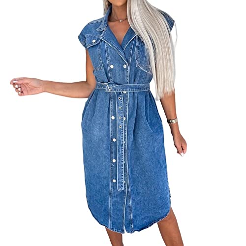 LCDIUDIU Sommerkleid Damen,Damen-Jeanskleid Lässig Locker Kurzärmelig Hemdkleid Modisch Button-Down-Strickjacke Midikleid Sommer Vintage-Jeanskleid Mit Gürtel Für Damen Und Mädchen Blau M LCDIUDIU Sommerkleid Damen,Damen-Jeanskleid Lässig Locker Kurzärmelig Hemdkleid Modisch Button-Down-Strickjacke Midikleid Sommer Vintage-Jeanskleid Mit Gürtel Für Damen Und Mädchen Blau M von LCDIUDIU