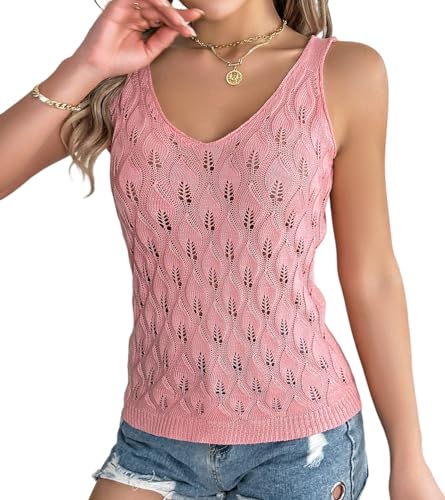 LCDIUDIU Strickweste Damen Ärmellos,Damen Strickpullover Weste Sexy Dünn Einfarbig Rosa Raute Hohl V-Ausschnitt Sommer Locker Gemütlich Ärmellos Pullover Gilets Pullover Strick Tank Top Cami Weste,S von LCDIUDIU