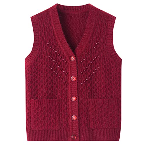 LCDIUDIU Sweater Pullunder,Damen Strickwesten Vintage Verdicken Burgunder Jacquard Perlen V-Ausschnitt Tasche Strickjacke Weste Herbst Locker Weich Ärmellos Strick Tank Top Ältere Damen Weste,S von LCDIUDIU